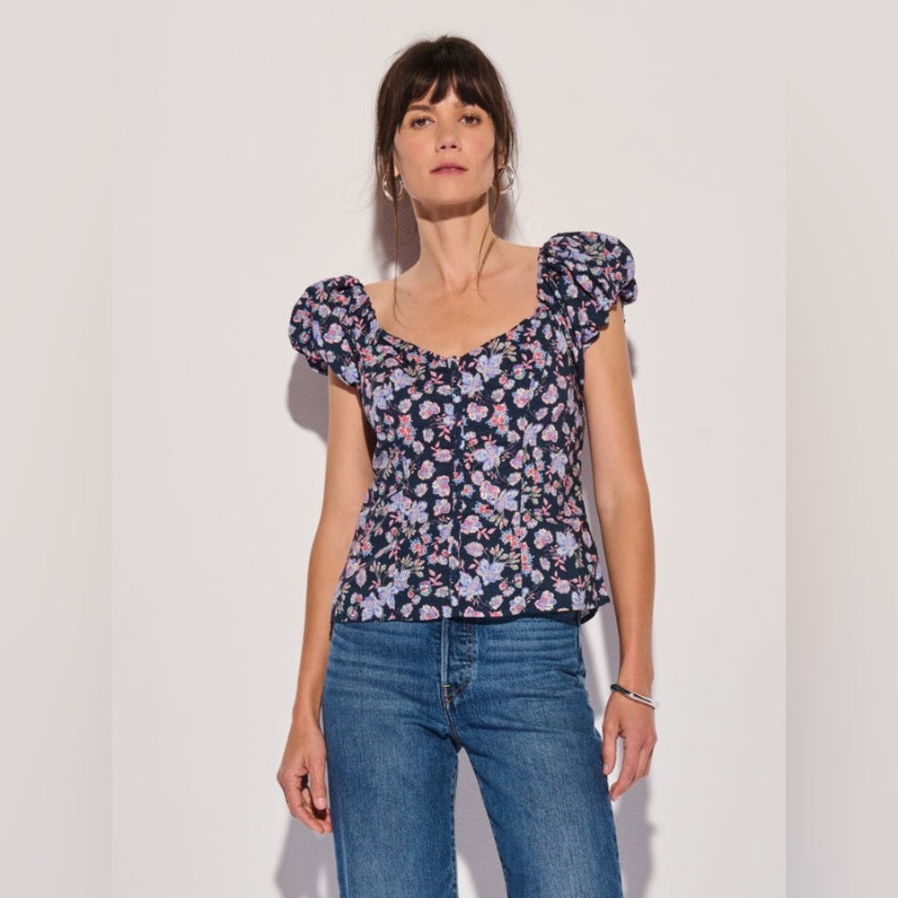 NWOT Nation LTD Floral Puff Sleeve Blouse - Navy and Pink